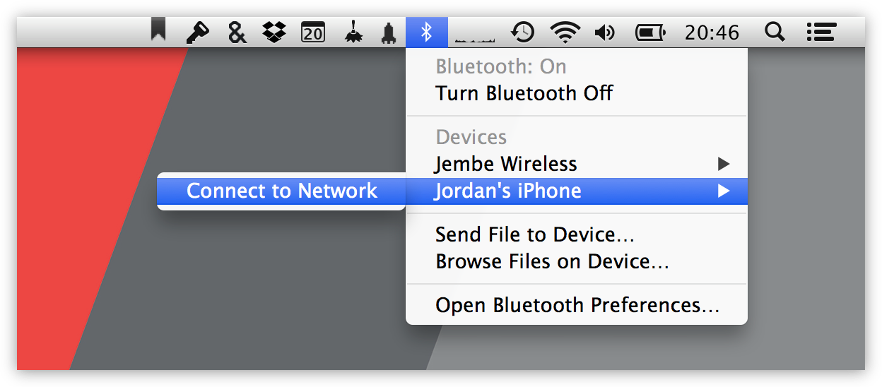 Connecting to a Bluetooth PAN is similar to a Wi-Fi network