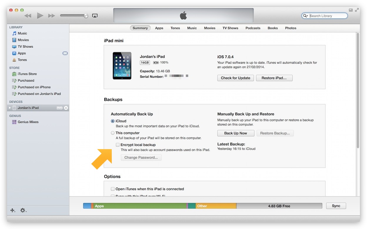 Enabling Encrypted Backups is done within the iOS device settings in iTunes