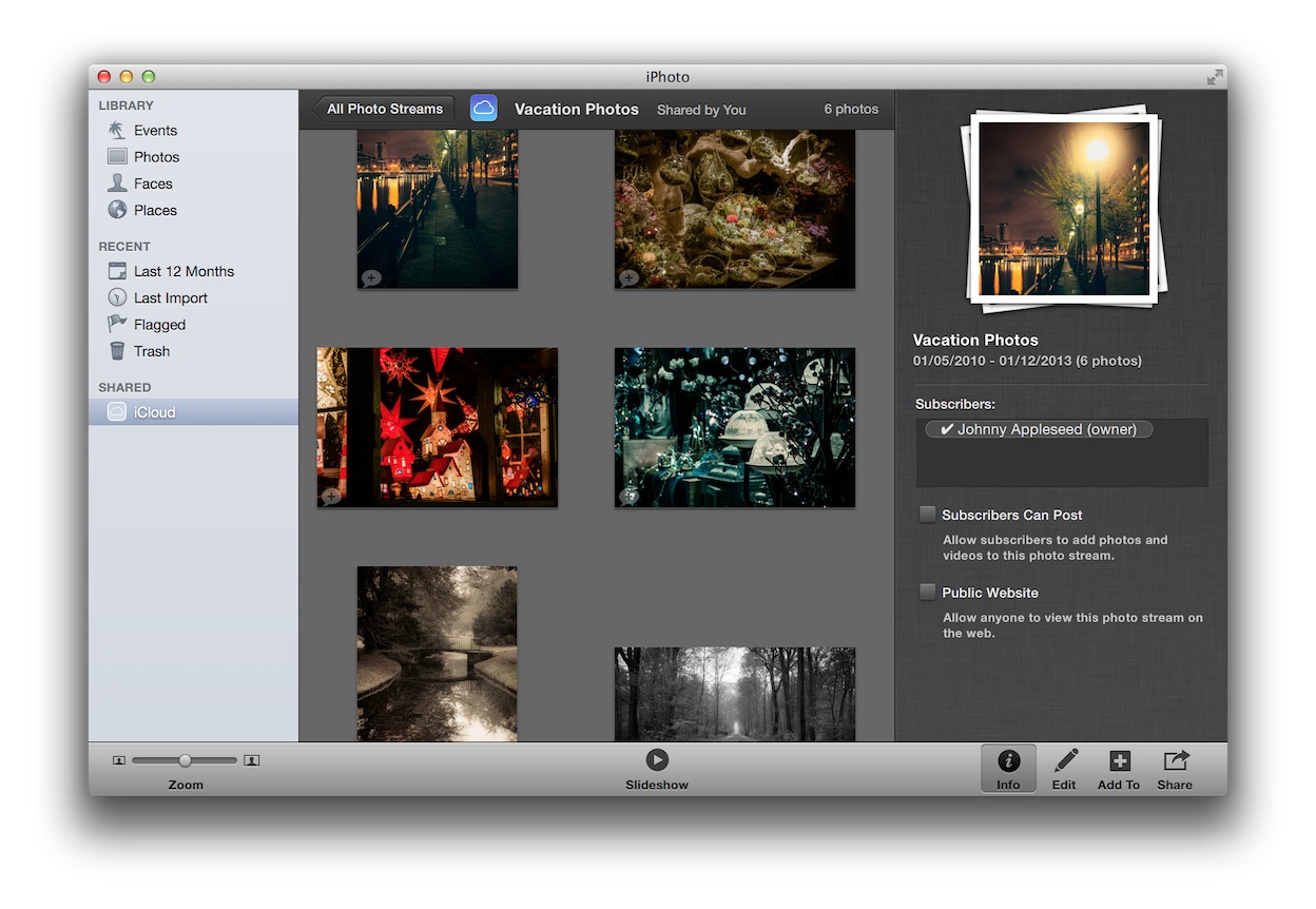 iPhoto can be used to manage existing Shared Streams